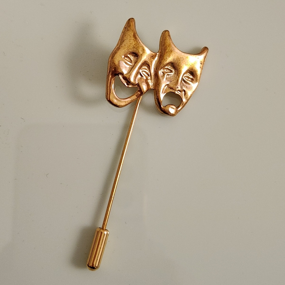 Vintage 80s Gold Tone Comedy Tragedy Theater Masks Stick Pin Brooch